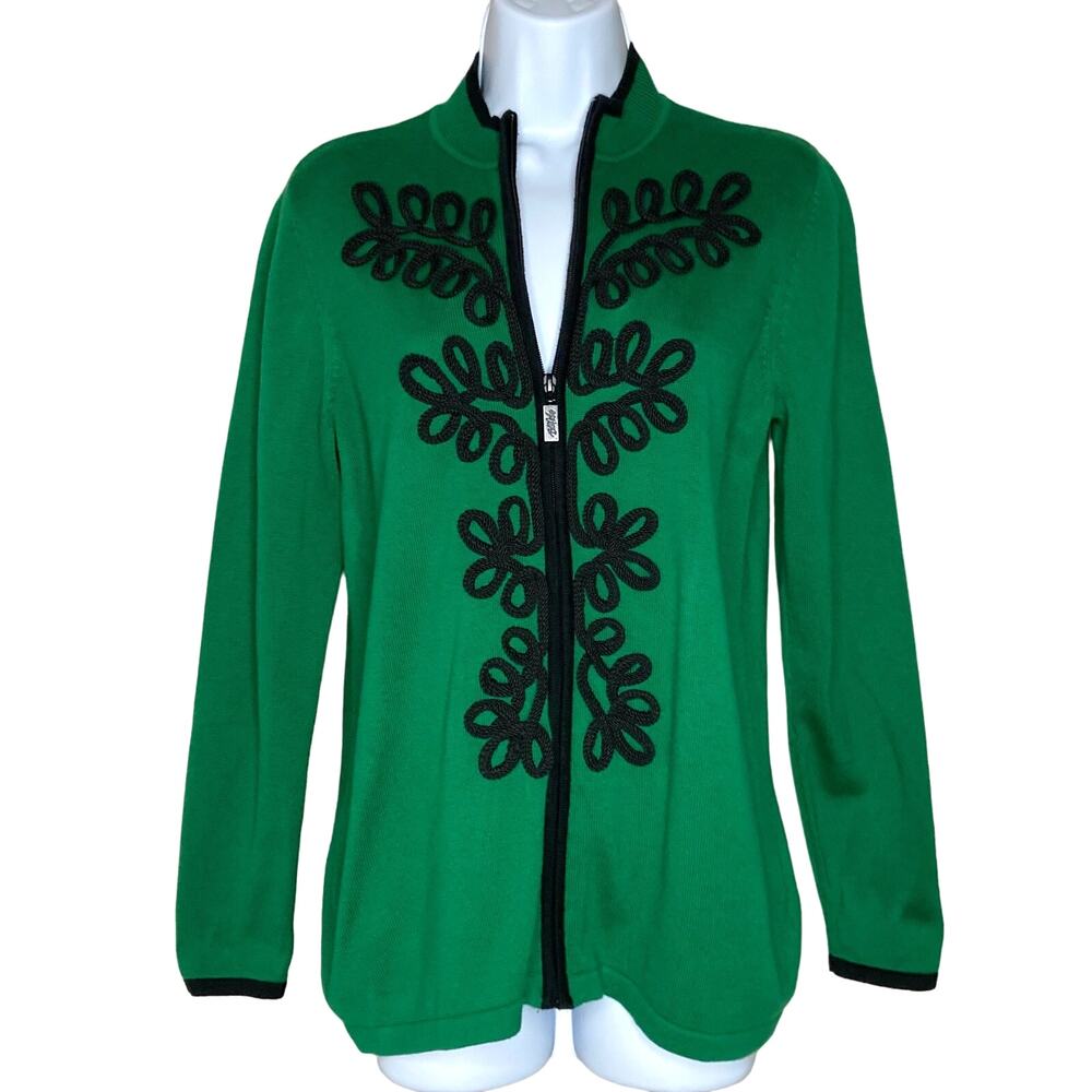 Bob Mackie Green Sweater Mock Neck Zip Front Cardigan Sweater Wearable Art Small